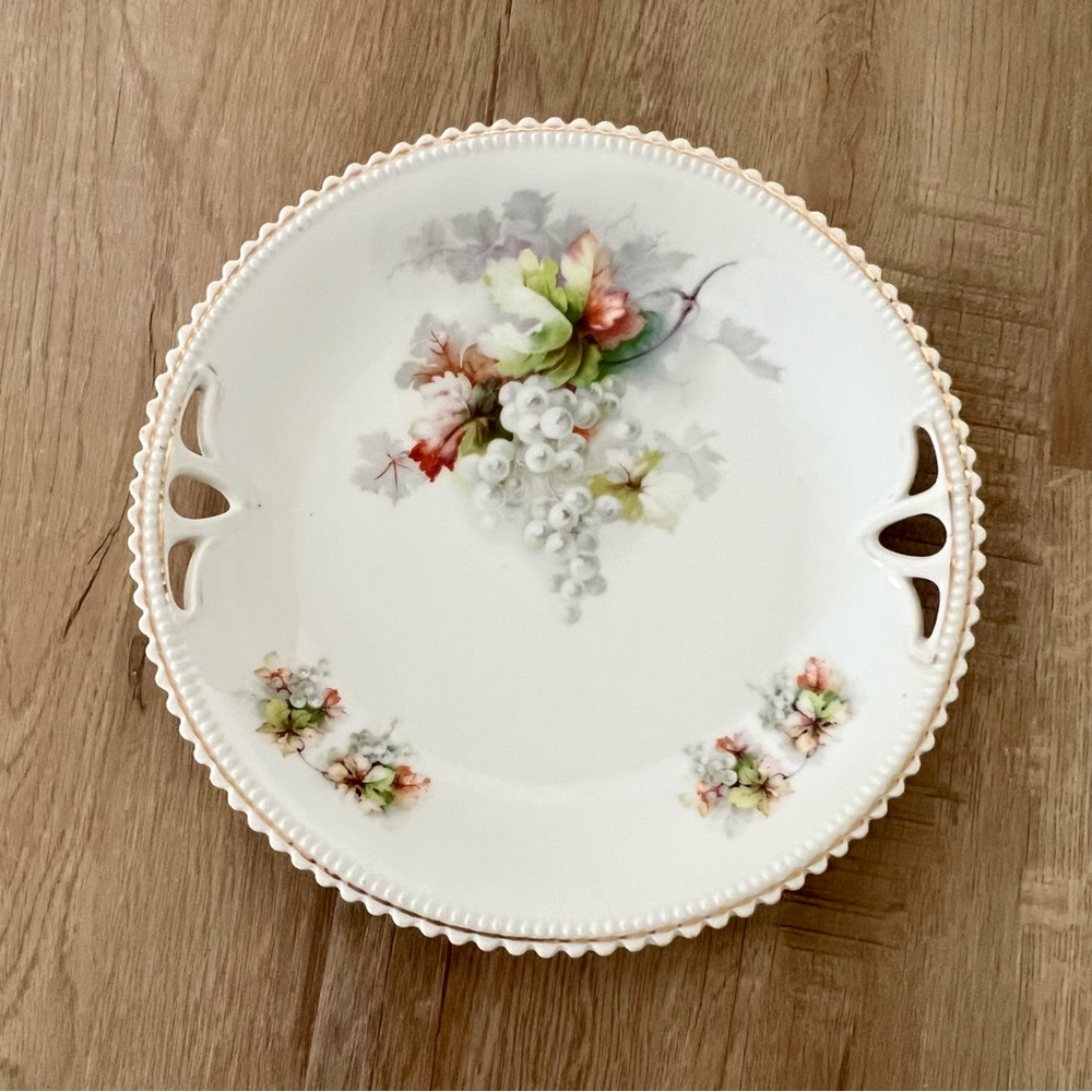 Antique P.K. Silesia Porcelain Plate Handled Platter‎ Flowers Gold Trim 9 1/4"